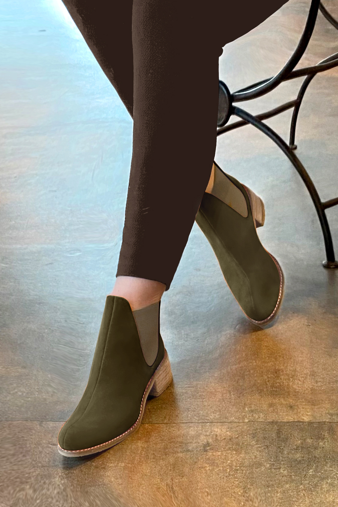 Khaki green and bronze beige women's ankle boots, with elastics. Round toe. Low leather soles. Worn view - Florence KOOIJMAN